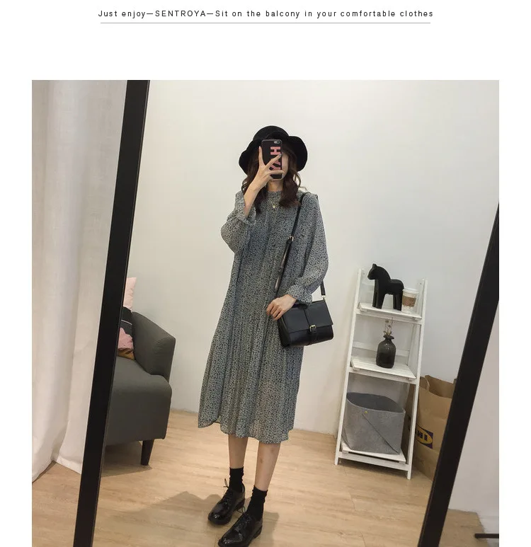 Loose-Fit Stand Collar Floral-Print Chiffon Long-sleeved Dress Autumn And Winter Women's Large Size Slimming Medium-length A- li