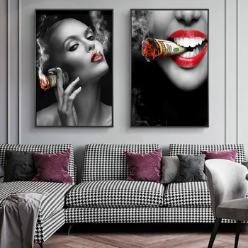 

Smoking Sexy Girls Canvas Art Posters And Prints Abstract Red Lips Canvas Paintings On the Wall Art Nordic Pictures Wall Decor