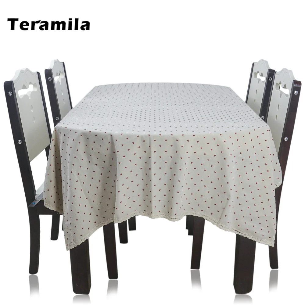 

Teramila Cotton Linen Rectangular Dining Tablecloth For Home Party Weddig Mantel Lace Side Heart Design Table Cloth Square Cover