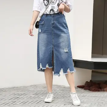 

Plus Size S-8XL Summer High Waist Skirts Women Fashion Denim Skirt Female Korean Elastic Waist Pocket Holes Tassel Denim Skirt