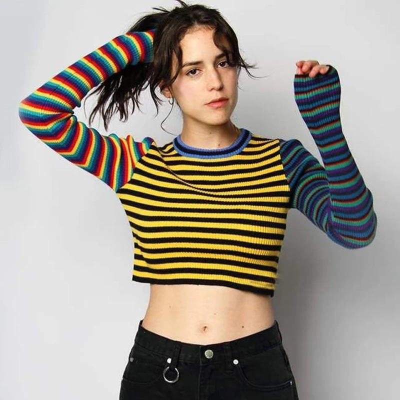 

Harujuku Digit Top Contrast Sleeve Ribbed Stripe Crop Top Women T-Shirts Cute Tops /