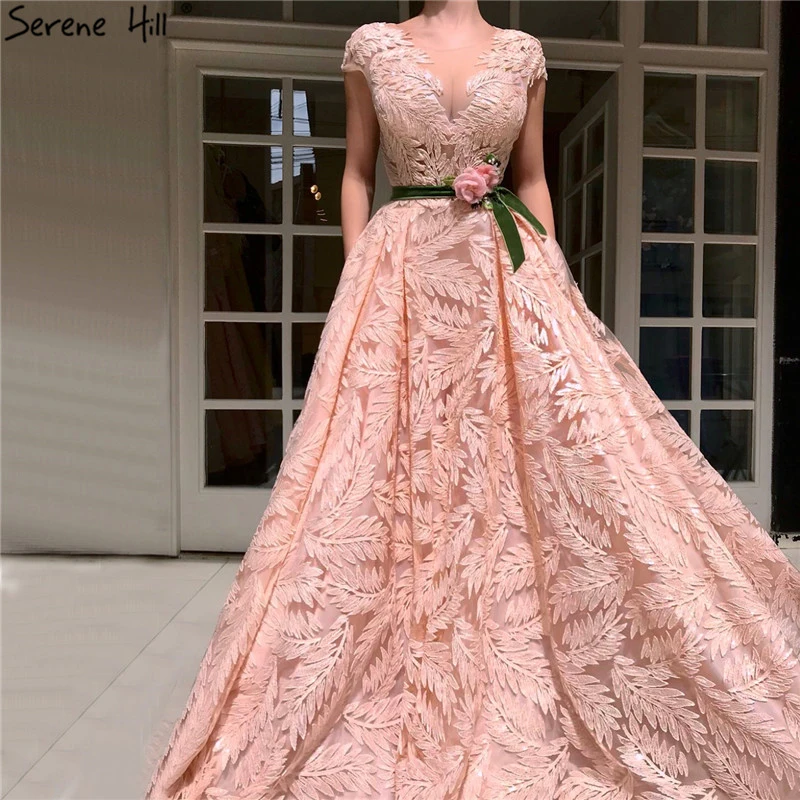 Персиковые вечерние платья с v-образным вырезом и кружевным цветочным поясом новейший дизайн без рукавов сексуальные вечерние платья Serene Хилл BLA60771
