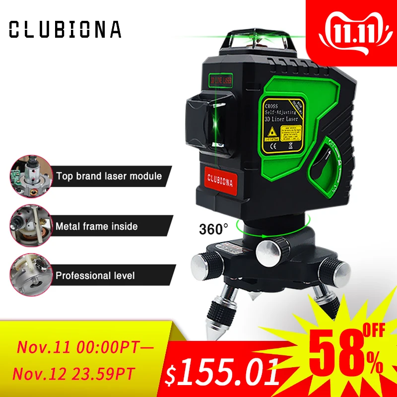 Günstig Clubiona 3D 12GH 12 Linien Laser Level mit Selbst Nivellierung Super Leistungsstarke GRÜN Laser Strahl Linien und MSDS zertifiziert batterie