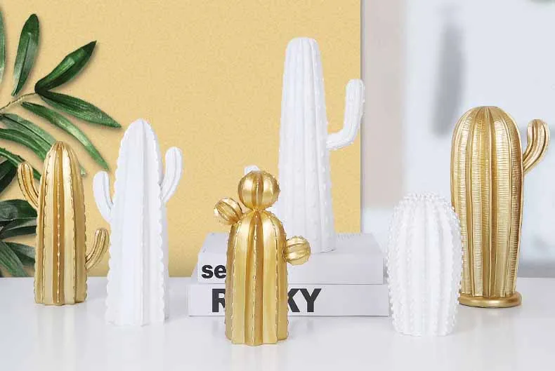 Украшение для дома аксессуары для гостиной в скандинавском стиле золотой белый кактус орнамент смола фигура ручной работы в горшках украшение для дома