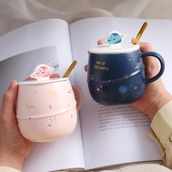

Cartoon Japanese planet cup ceramic mug with lid spoon water cup cute girl heart cup couple breakfast cup