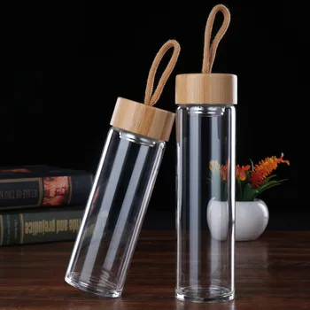 

380ML/450ML Glass Water Bottles with Rope Portable Waters Cup Beverages Drink Bottle with Bamboo Lid for Outdoor Travle