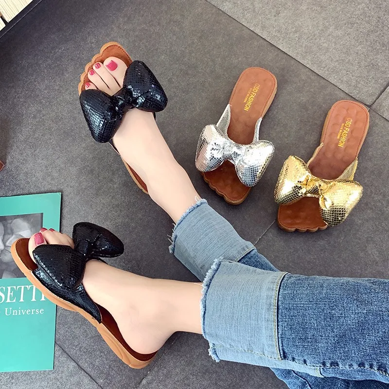 

Fashion 2019 Sweet Summer New Style Bow Versatile Students Slip Shoes Outdoor Slipper WOMEN'S Shoes Flat Comfortable