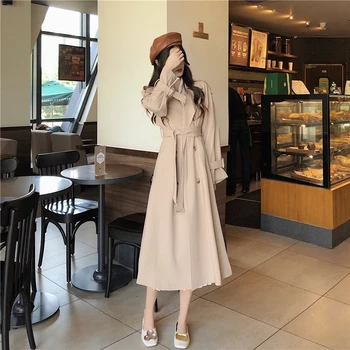 

2020 Spring New Windbreaker Women Overcoat Korean Double Breasted Solid Long Trench Coat Casual Coat Lacing Loose Outwear H058