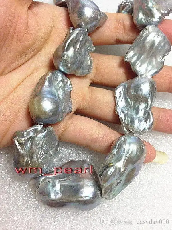 

Fine Pearls Jewelry REAL 18" 30-40mm NATURAL south sea baroque silver gray pearl necklace