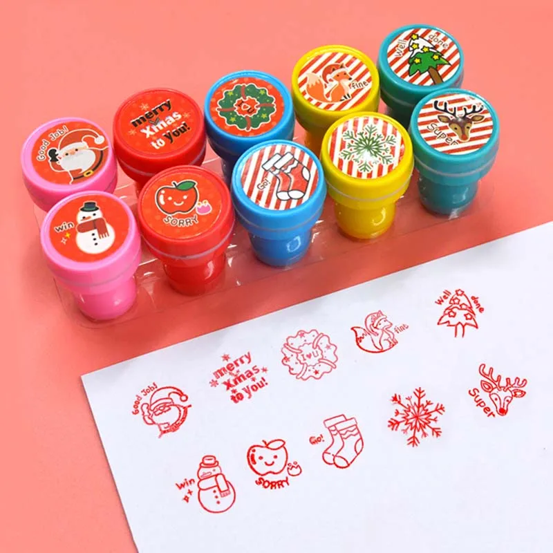10Pcs Christmas Pattern Self-ink Seal Stamps DIY Scrapbook Toy Party Favors Gift Toy for Children Stamps Toys Portable Stamp