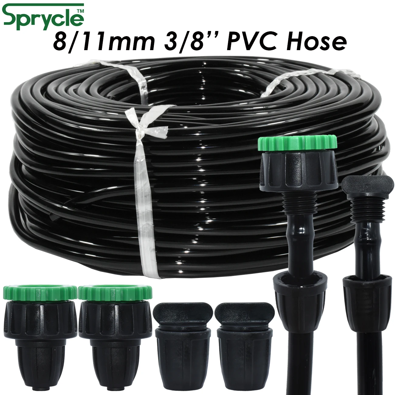 

SPRYCLE 5-25M 8/11mm Garden Watering PVC Hose 3/8'' Tubing Drip Irrigation Pipe 1/2&3/4'' Quick Connector End Plug for Plant Pot