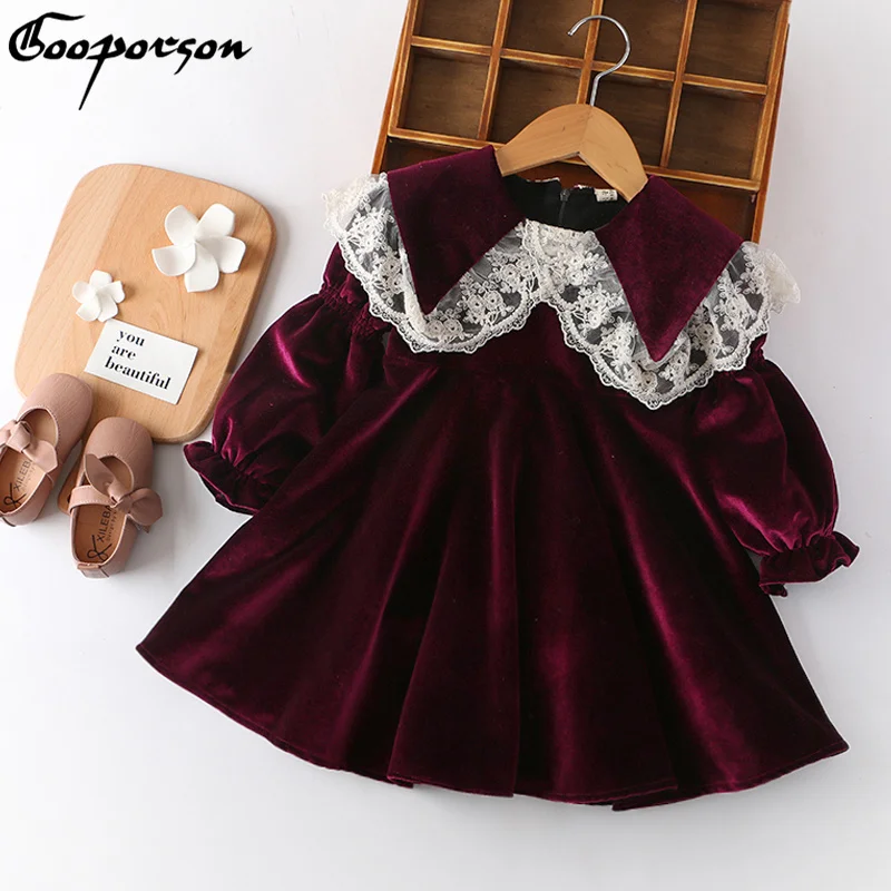 Зимнее платье для девочек; флисовые бархатные платья с длинными рукавами и кружевным воротником; Vestidos; костюм для маленьких девочек; Вечерние наряды на осень; Модная одежда