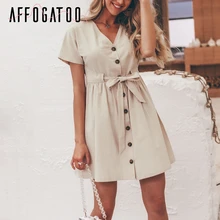 Afogatoo винтажное Летнее льняное платье с v-образным вырезом, женское повседневное Хлопковое платье с коротким рукавом и пуговицами, женское мини-платье с высокой талией vestidos
