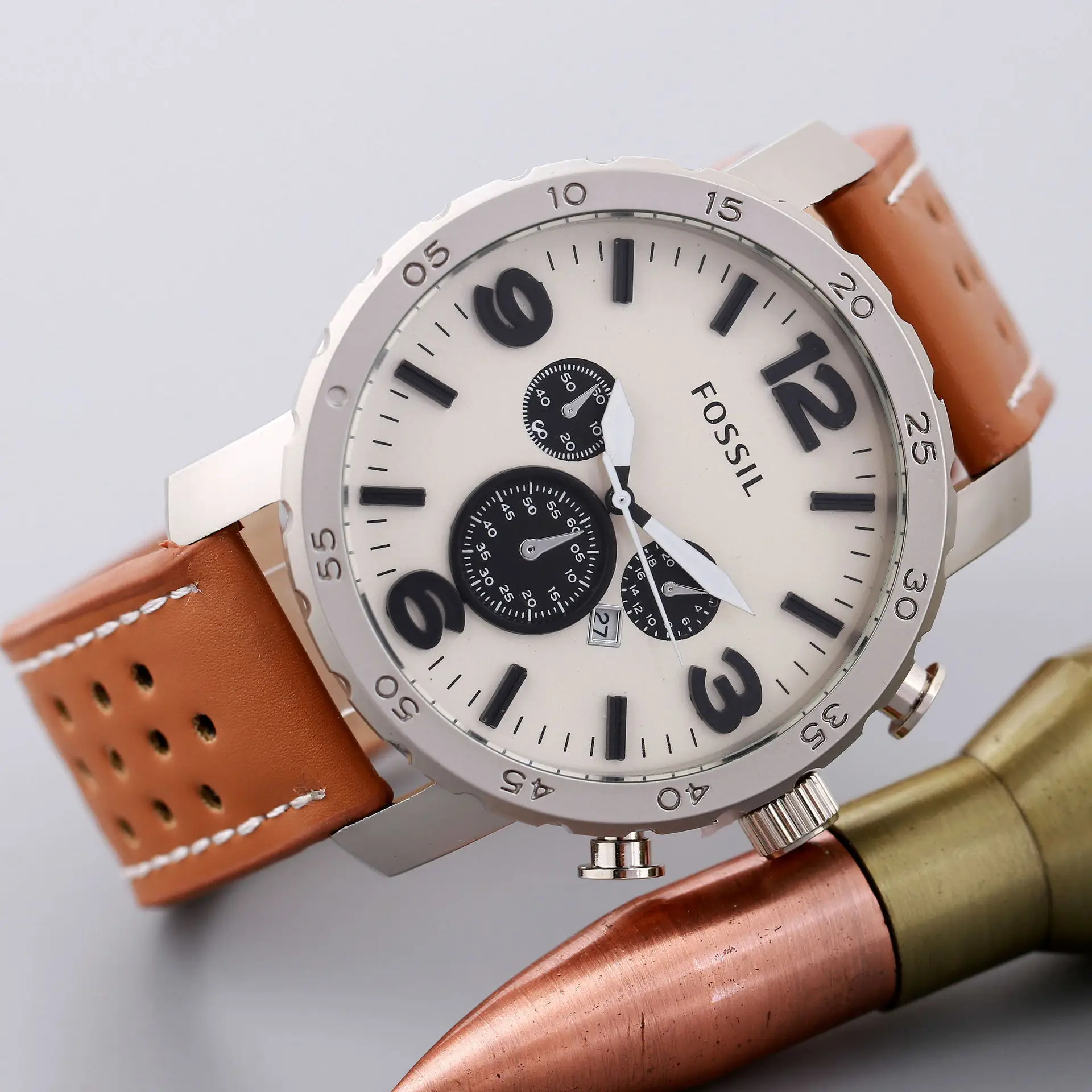 fossil- Luxury Brand Business Leather Strap Quartz Watch Men Crystal Mirror Calendar Fashion Clock Wristwatch elojes hombre afbeelding