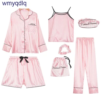 

Wmyqdlq Seven-Piece Pyjamas Women Summer Thin Section Simulation Silk Long-Sleeved Pijamas Pijama Pigiama Home Service Suit