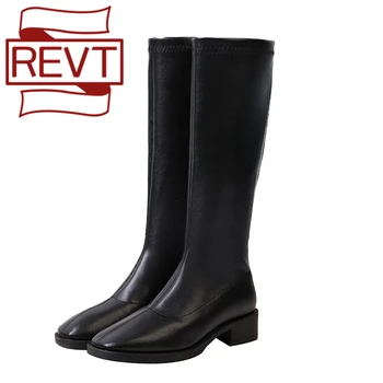 

REVT INS HOT 41 42 43 Boots Women Geunuel Leather Style But Knee Square Toe Mid-Heel High Boots Stretch Thin Boots Knight Boots
