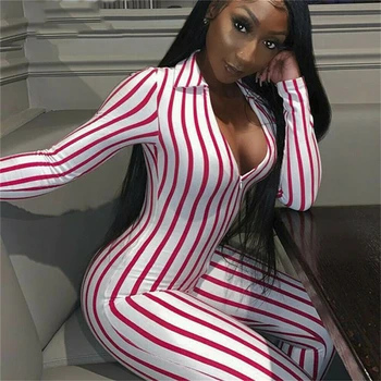 

Fashion Women Stripe Long Sleeve Long Jumpsuit Summer Clubwear Casual Romper Sexy V Neck Playsuit