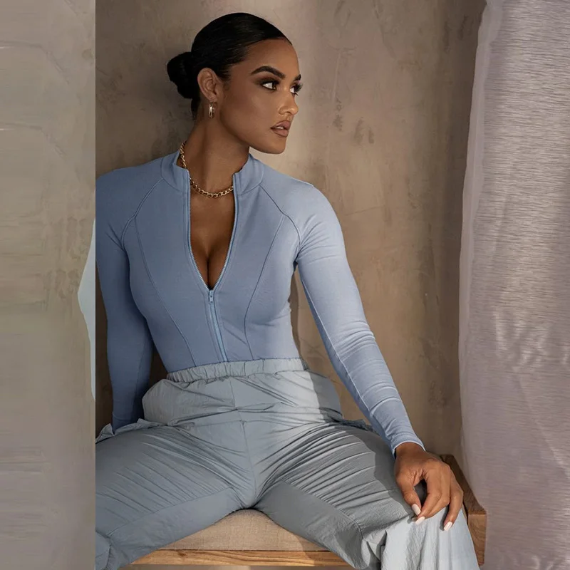Instunning Long Sleeve Turtleneck Bodysuit Women Front Zipper Patchwork Autumn Winter Sexy Shein Casual Streetwear Female Romper