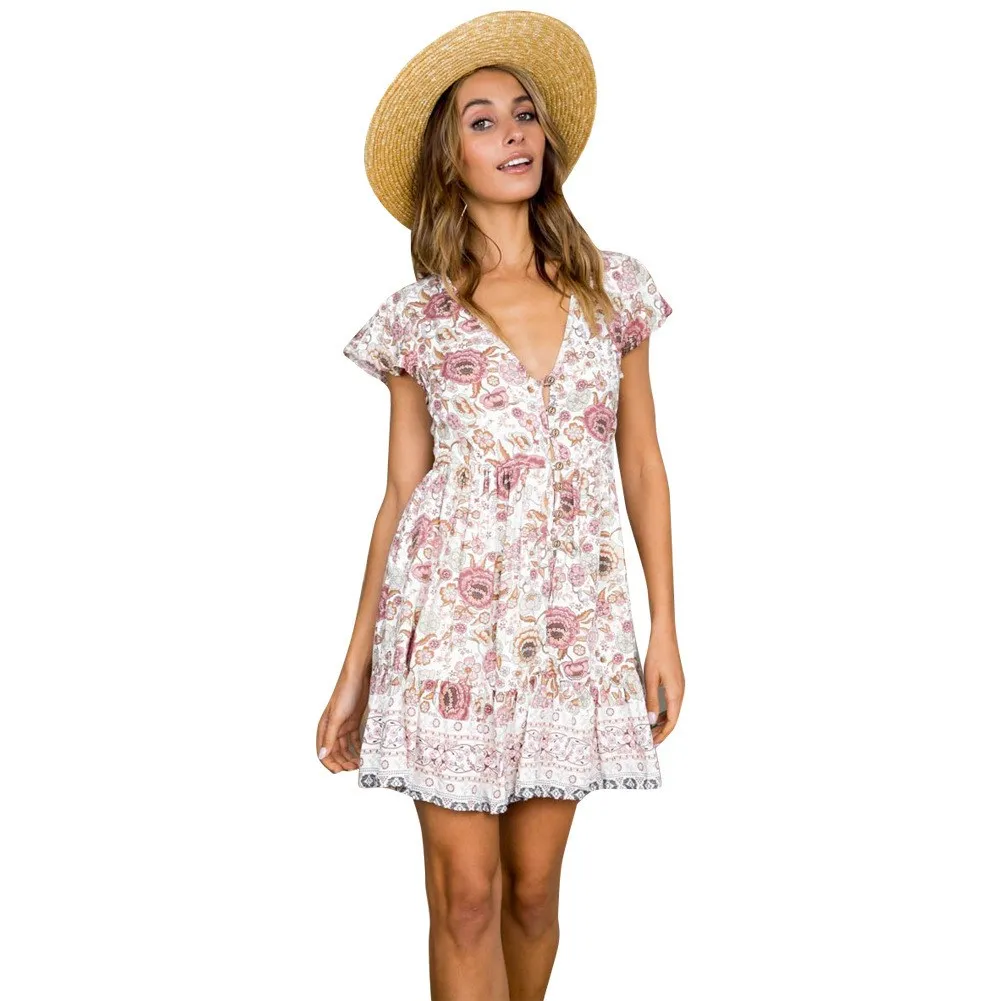 Mooie Zomer Vrouwen Vintage Geplooide Knop Boho Jurk A-lijn V-hals Bloemenprint Korte Jurken Hoge Taille Ruches Strand Jurk Mooie Zomer Vrouwen Vintage Geplooide Knop Boho Jurk A-lijn V-hals Bloemenprint Korte Jurken Hoge Taille Ruches Strand Jurk