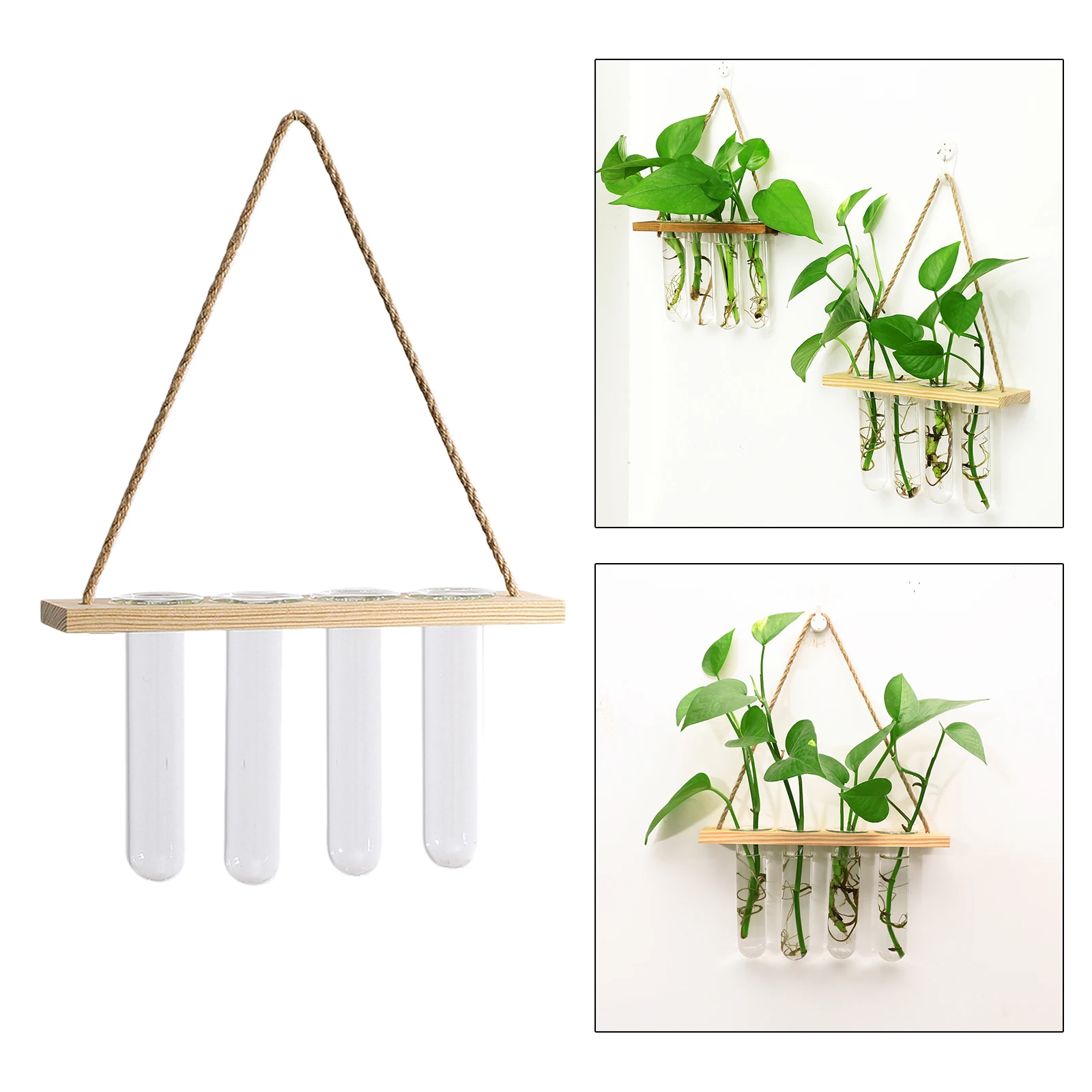Glass Hanging Planter Terrarium Plants Wood Hanger Test Tube Vase Natural