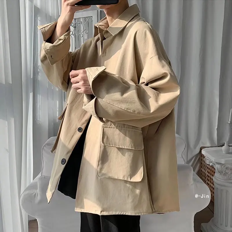 Long-sleeved Shirts Men Harajuku Korean Style Casual Single Breasted Streetwear Turn Down Neck 3XL