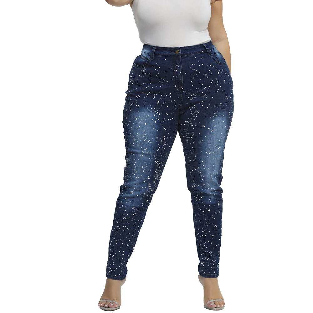 Denim Blue L-6XL, плюс размер, джинсы для женщин, высокая талия, разбрызгивающиеся чернила, деним, синие брюки, повседневные, для женщин, потертые джинсы, для девушек, узкие брюки-карандаш, D30 - Цвет: Denim Blue