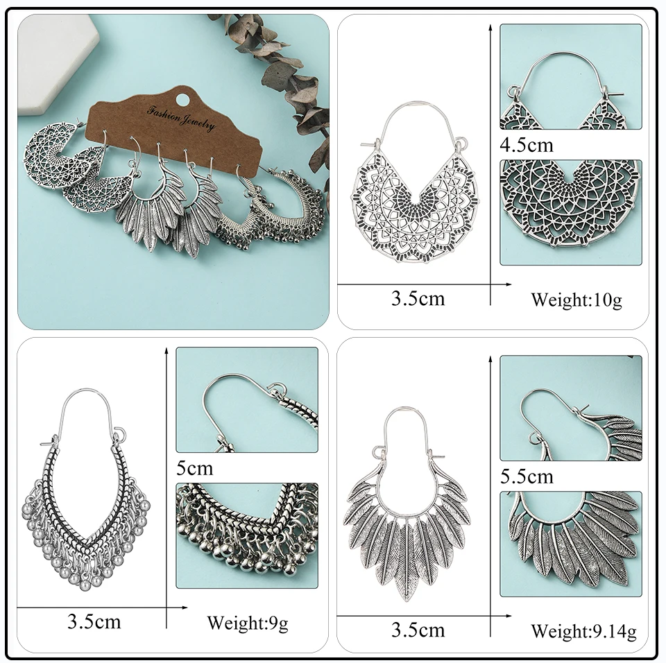 41 Style Silver Rose Gold Color Earrings Ethnic Bohemia Vintage Mixed Styles Long Leaf Big Round Circle Shell Shape Wooden Stones Beads Geometric Bronze Met (13)
