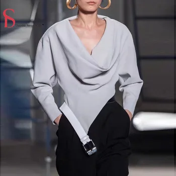 

Double Strawberry Autumn Women Belt Asymmetrical Hem Stacking Collar Bat Sleeve Knit Bat Sleeve Pullover Shirts Blouses Top