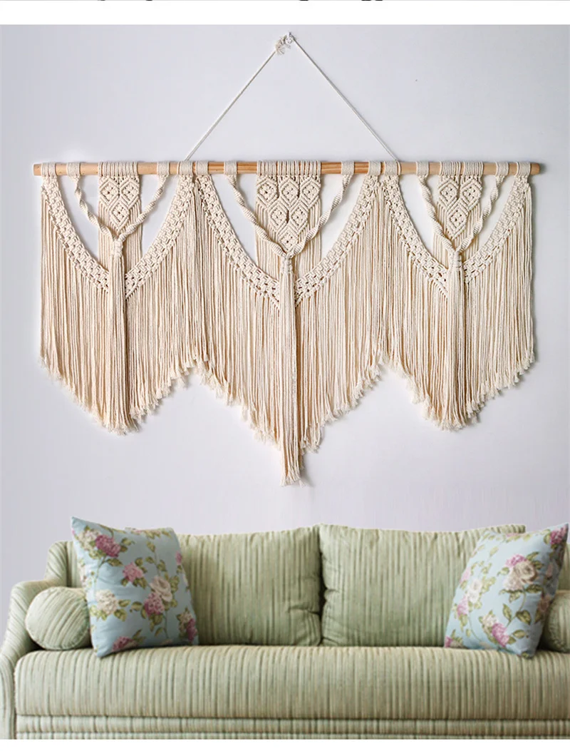 Large Macrame Wall Hanging Tapestry Wooden Stick Hand-Woven Bohemia Tassel Curtain Wedding Background Decor