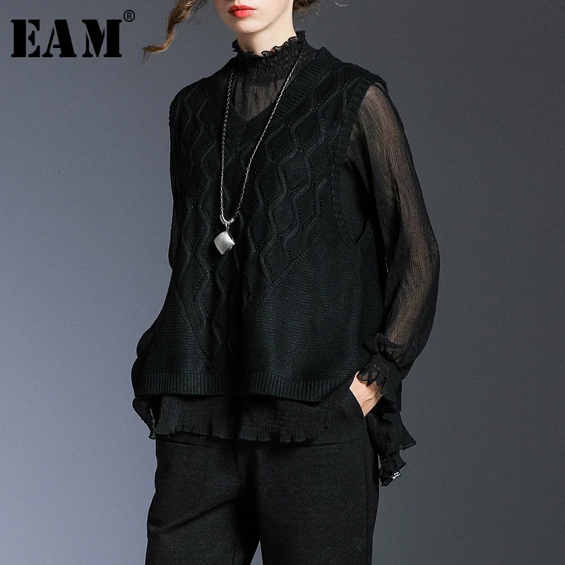 

[EAM] Women Black Perspective Pleated Split Joint T-shirt New Turtleneck Long Sleeve Fashion Tide Spring Autumn 2020 1N175