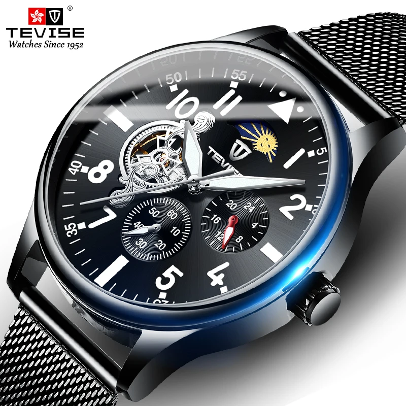 

New Arrival TEVISE Men Automatic Mechanical Watch Full Steel Tourbillon Wristwatch Moon phase Chronograph Clock