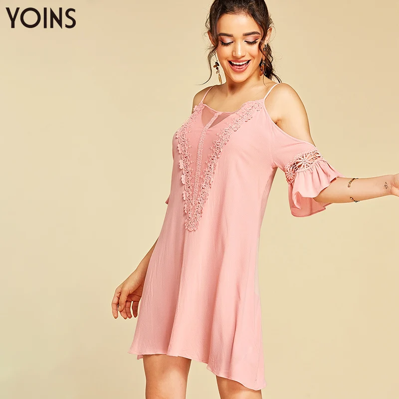 Новинка, женское кружевное платье YOINS, летнее праздничное платье, сексуальное розовое платье с открытой спиной, с открытыми плечами, с коротким рукавом, Сетчатое мини-платье, сарафан