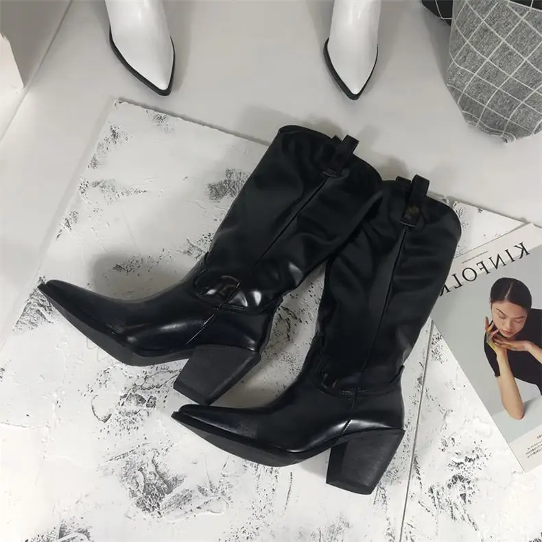 Scarpe donna/ г. Зимняя женская обувь однотонные черные и белые сапоги до колена с острым носком модная женская обувь botas mujer invierno - Цвет: velvet Lining