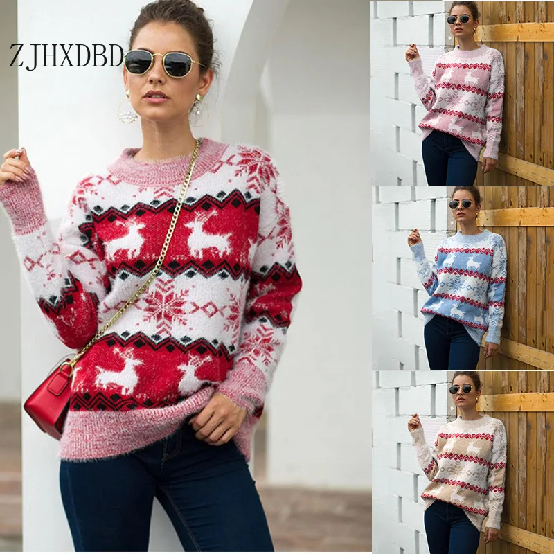 

2020 Vintage Merry Christmas Sweaters Women Long Sleeve Autumn Winter Snowflake Deer Print Knitted Female Pullover Top Jumper