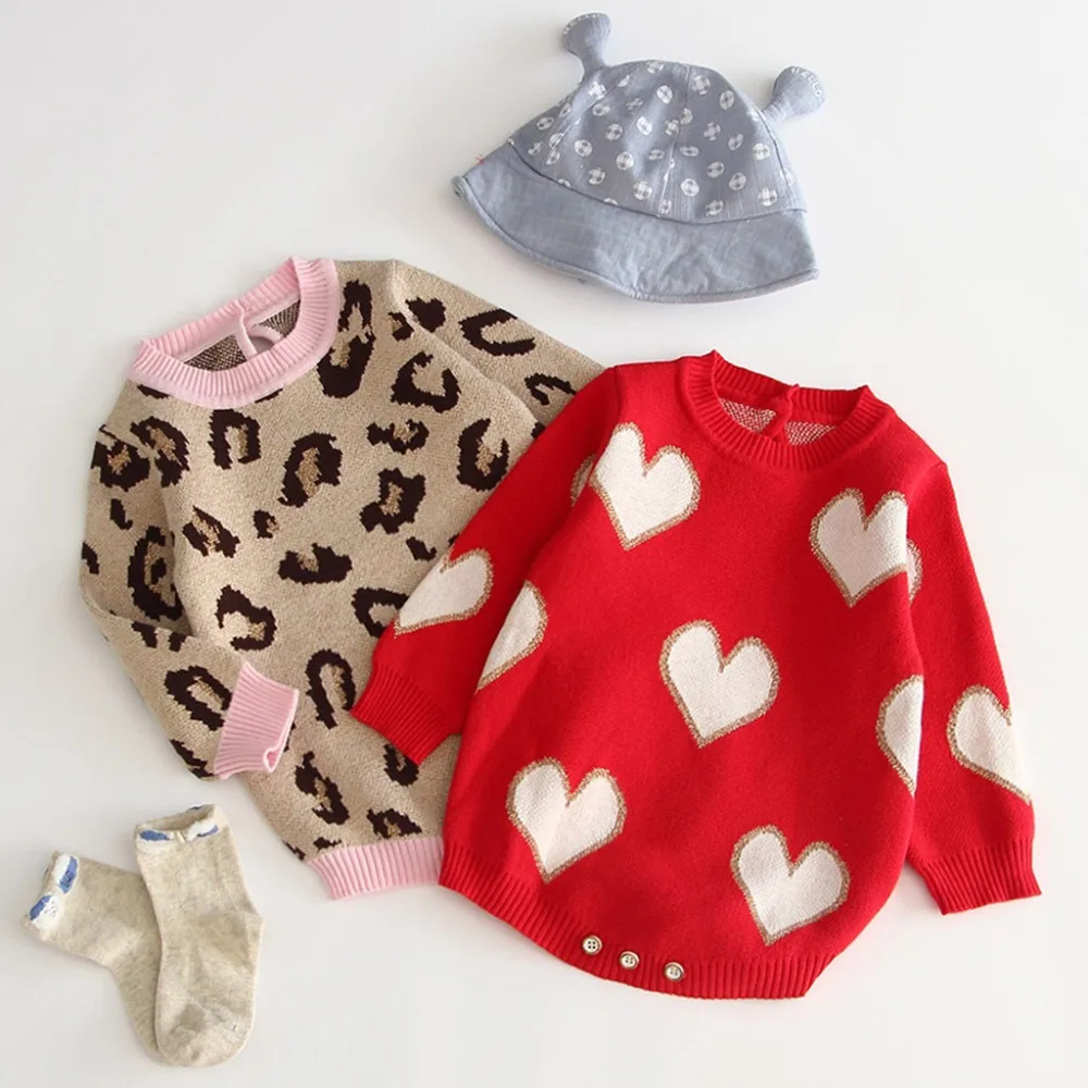 Детская одежда на весну и осень, вязаный свитер, комбинезон для новорожденных, Леопардовый свитер с рюшами для малышей, Вязаный комбинезон, костюм для подвижных игр