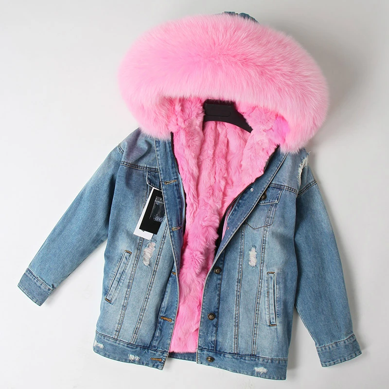 Discount OFTBUY 2019 Winter Jacket Women Real Fur Coat Parka Real raccoon collar Rex Rabbit liner striped bomber Denim jacket Streetwear 11