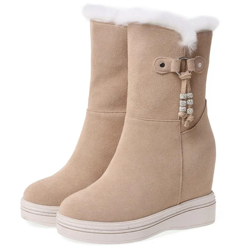 Punk Goth Trainers Women Cow Leather Wedges High Heel Snow Boots Rabbit Fur Platform Pumps High Top Winter Warm Fashion Sneakers - Цвет: beige3