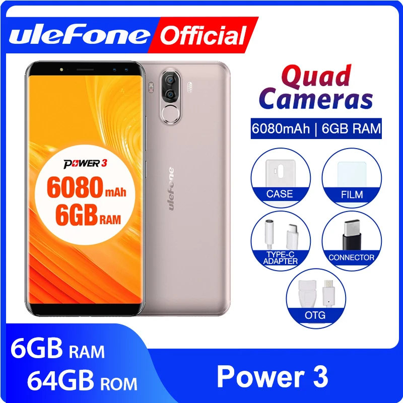Ulefone Power 3 мобильный телефон 6 ГБ + 64 0 &quotэкран 6080 мАч Восьмиядерный 21 МП Quad Camera Face ID 4G
