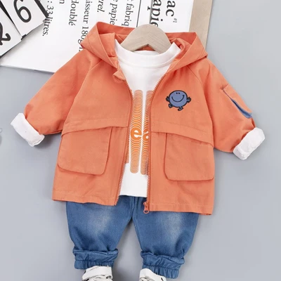 orange Комплект одежды из 3 предметов для маленьких мальчиков, куртка на молнии+ футболка+ джинсы, Детский костюм, детская одежда - Цвет: orange
