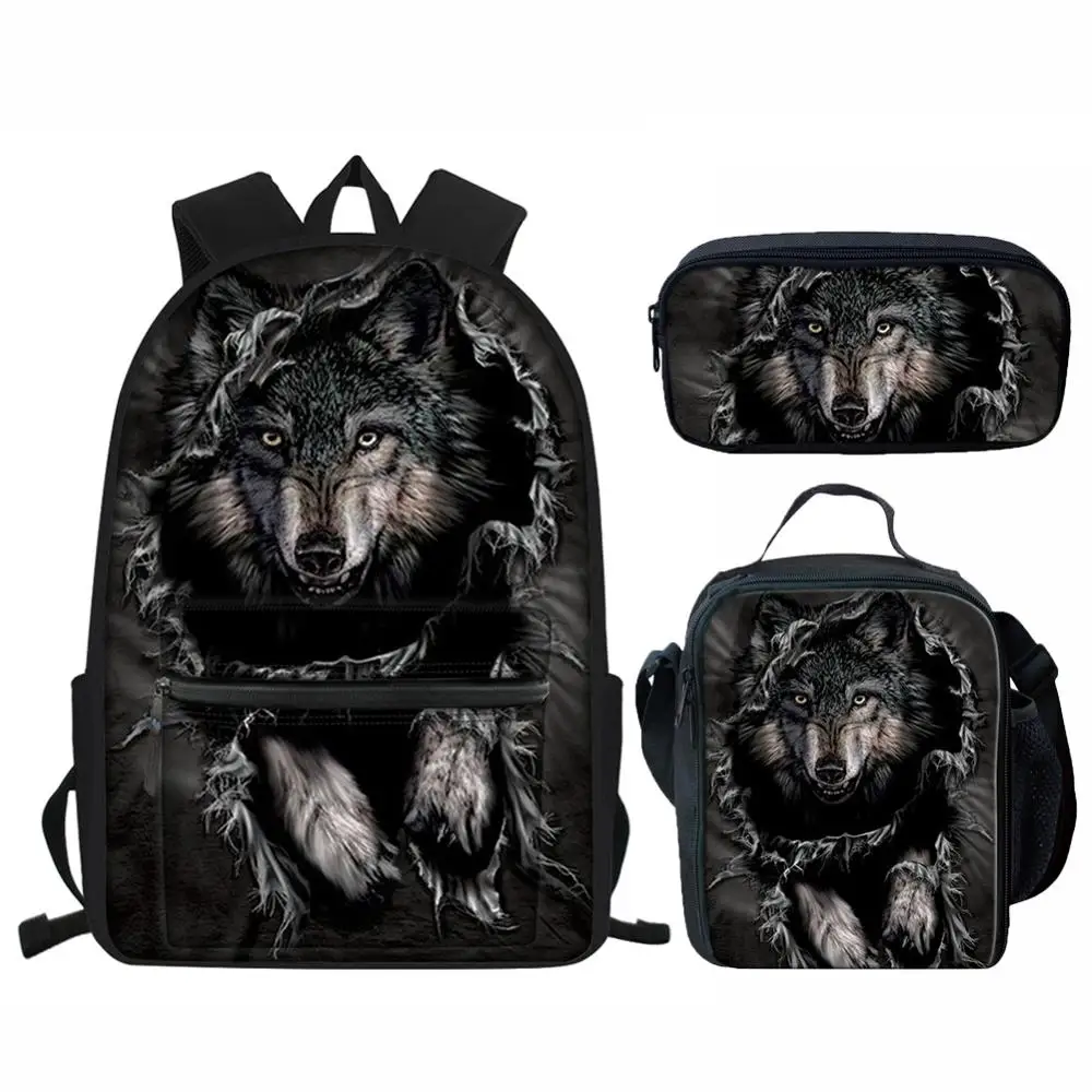 3Pcs/Set School Backpack for Boy Cool 3D Wild Animal Print Pencil Bag set Brown/black Wolf Bookbags Polyester Bag