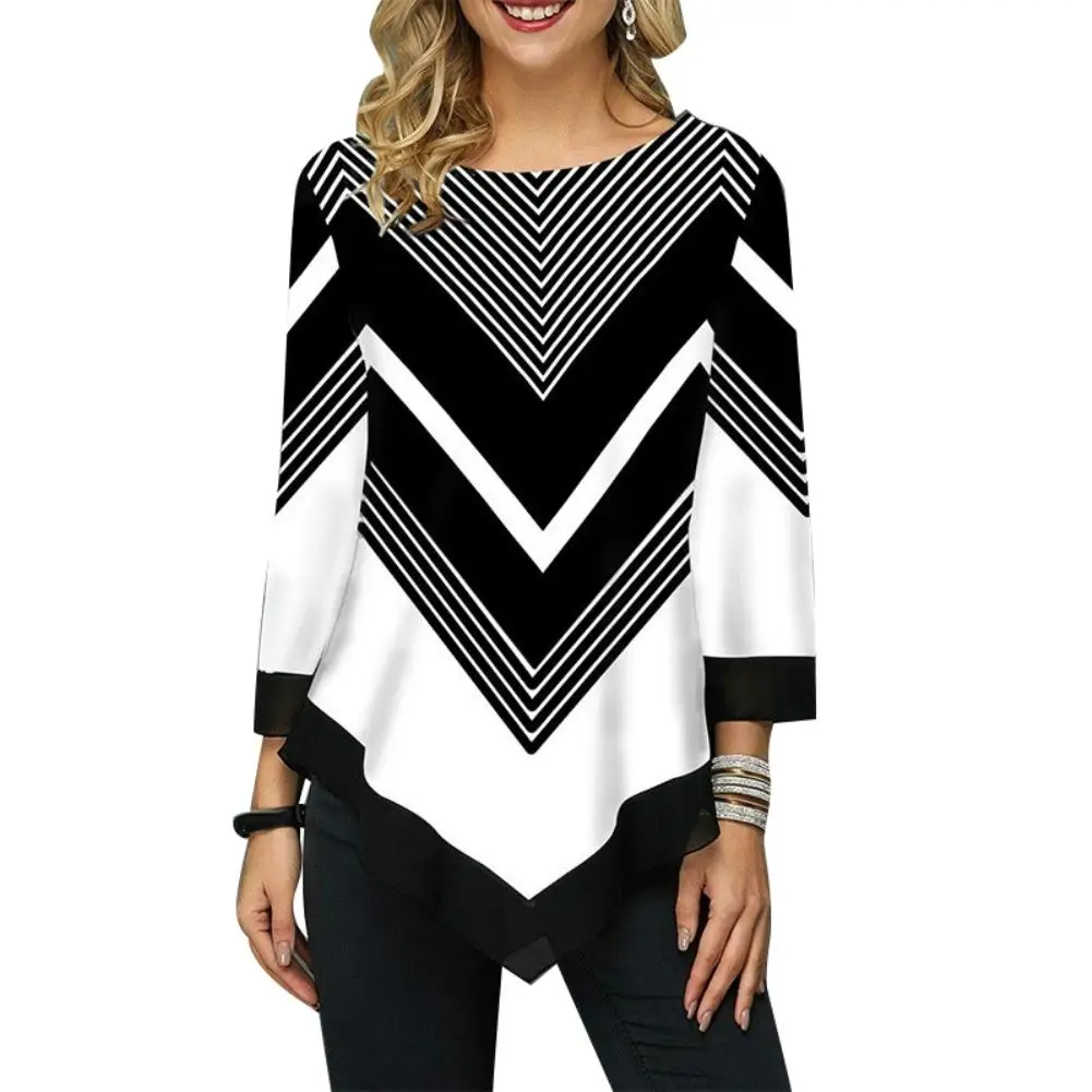 

Autumn ladies irregular striped print stitching cropped sleeve top