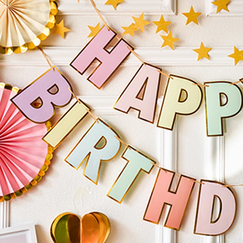 Party Decorations Birthday Banner Birthday Streamers HAPPY BIRTHDAY Banner Macaron Candy Pastel Garland Bunting Boy Girl Baby Shower 1st Birthday Pastel Party Decoration Christening