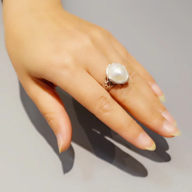 Таинственное кольцо в стиле барокко. Стерлинговое Серебро 925 пробы. Регулируемое женское кольцо. Белый жемчуг. Серебряная шелковая нить. Кольцо с жемчугом