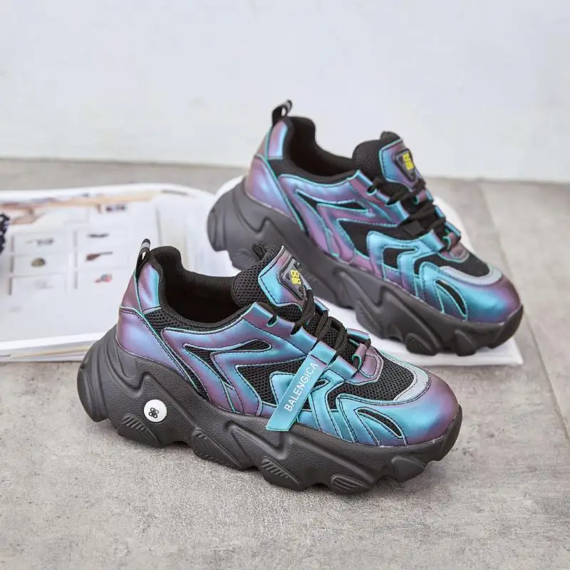 

spring autumn new sequins Dad Shoes female Korean version trend thick bottom leather Harajuku wear-resistant running sneakers