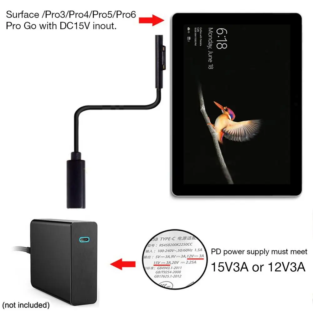 

Type C Female To PD Charging Cable For Microsoft Surface Pro 6 5 4 3 Go Book Power Adapter USB Connector DC Plug 15V 3A Charger