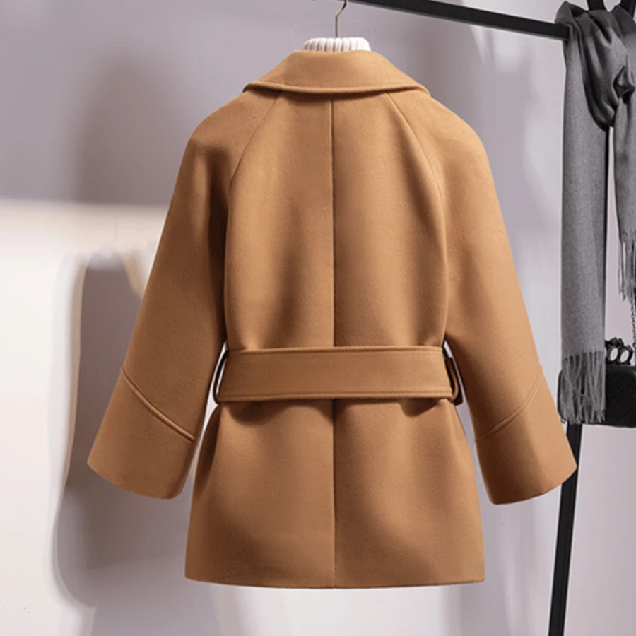 Короткие шерстяные женские зимние пальто элегантные пояса большой размер плащ Корейская Шерстяная Смесь пальто Офисная женская уличная кашемирвое пальто женское