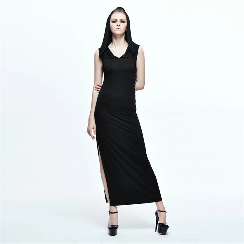 

Devil Fashion Gothic Sexy V-Neck Sleeveless Bodycon Slim Long Dress Fashion Club Hooded Summer Split Dress