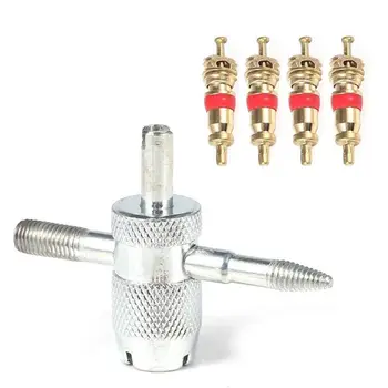 

car-styling 4 Way Car Bike Tyre Valve Repair Installer Tire Remover Tool and 4 Valve Stem Core New