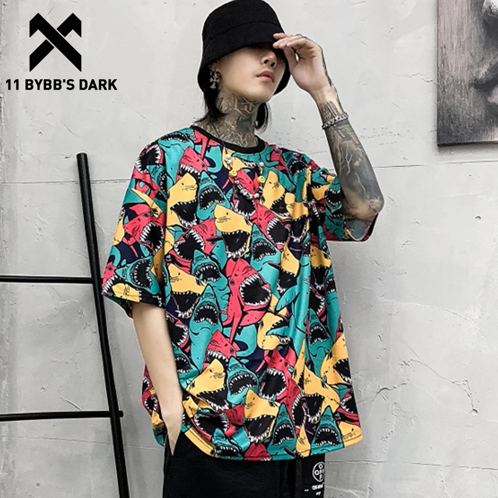 

11 BYBB'S DARK Hip Hop Streetwear T Shirt Men Harajuku 2020 Color Block Shark Graffiti Tops Tees Casual Cotton Male Short Sleeve