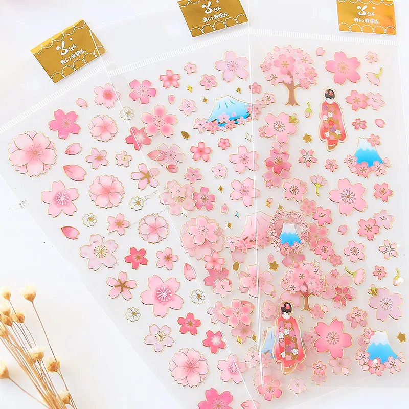 Pegatinas decorativas de flores de Sakura doradas japonesas, pegatinas adhesivas para decoración del hogar, pegatinas de papelería para diario, regalo para niños